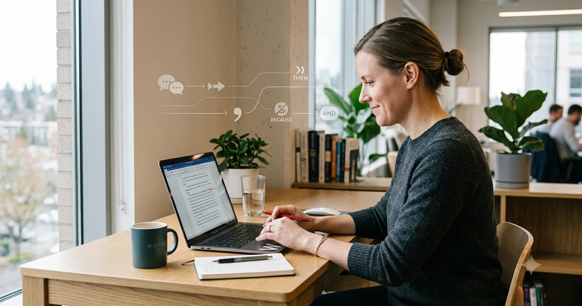 Professional writer working on a laptop while reviewing transition phrases and writing alternatives, illustrating different ways to say with that being said in business, academic, and everyday communication. Clean modern workspace with natural lighting and a focused, productive atmosphere.
