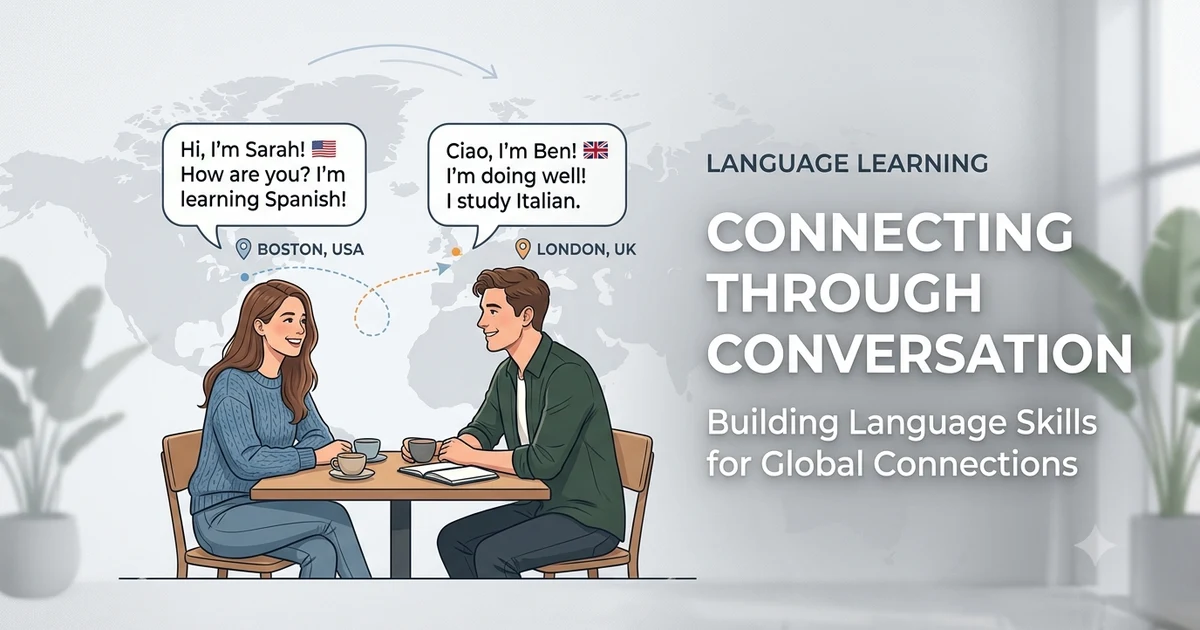 Clean modern blog header illustration showing a simple conversation theme with subtle map line and location pin, representing asking about someone’s destination in everyday communication.