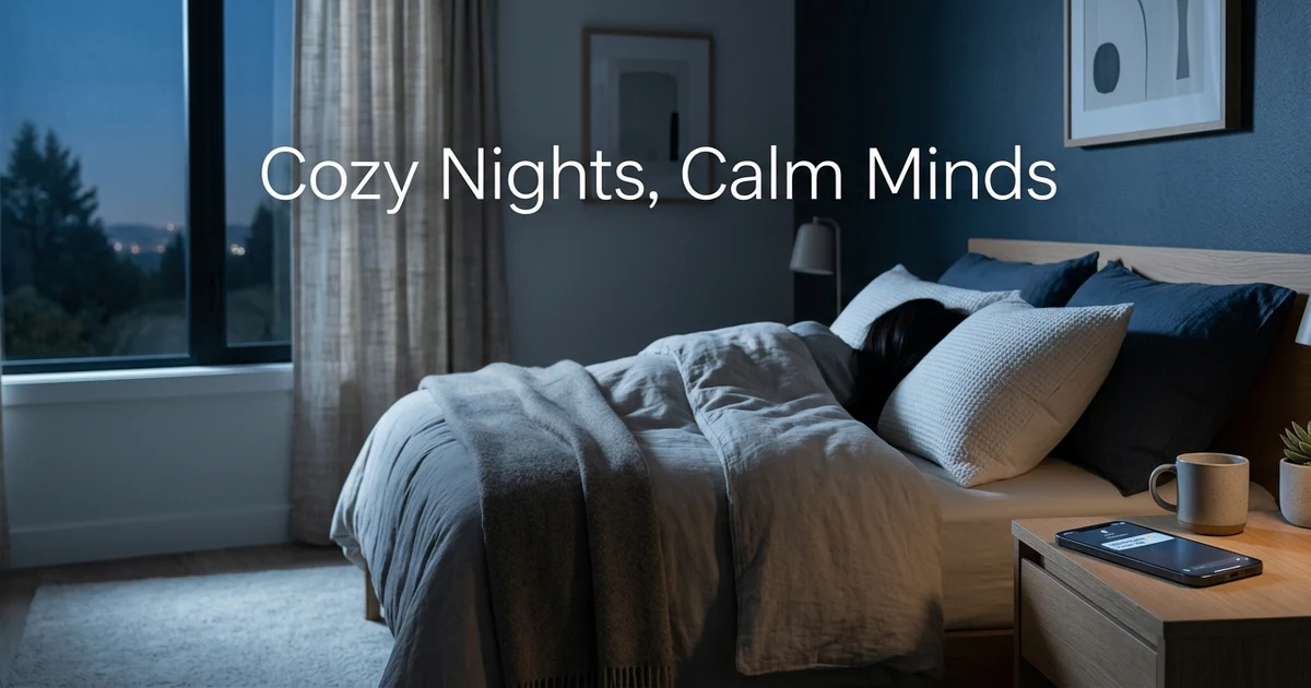 A cozy nighttime bedroom illuminated by soft moonlight coming through a window. A smartphone resting on a bedside table displays a friendly goodnight message. The room features calming blue and neutral tones, creating a peaceful atmosphere that represents thoughtful alternatives to saying sweet dreams before bedtime.