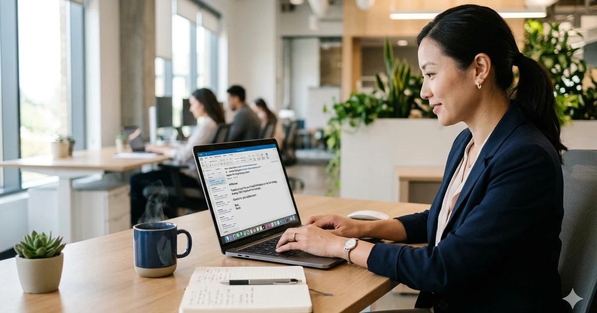 Professional business email displayed on a laptop screen with a prompt reply notification, representing gratitude for quick responses in workplace communication. Modern office desk setup with a clean, organized workspace and natural lighting.