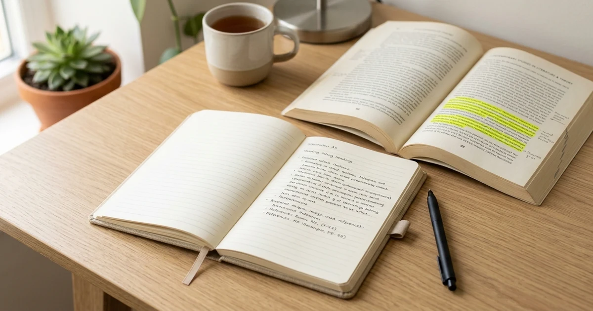 Open notebook on a desk with pen used for academic writing and quote analysis
