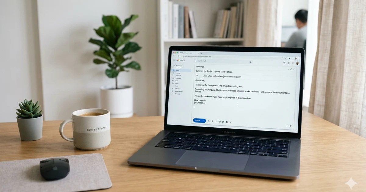 A modern office desk with a laptop displaying an email reply about professional communication, soft natural lighting, minimal workspace setup, and a clean business atmosphere representing polite workplace messaging.