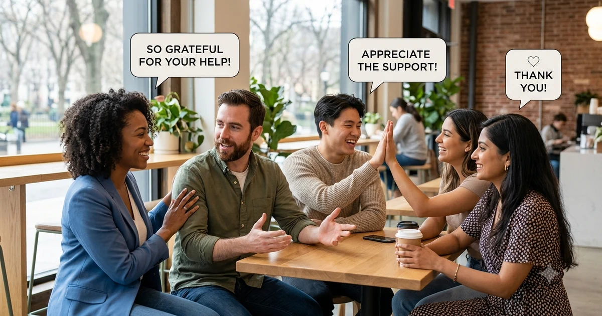 People expressing gratitude in different settings, including coworkers in an office and friends in a casual environment, with subtle visual elements representing appreciation, communication, and thank-you messages. Clean, modern design with natural lighting and a professional yet friendly atmosphere.