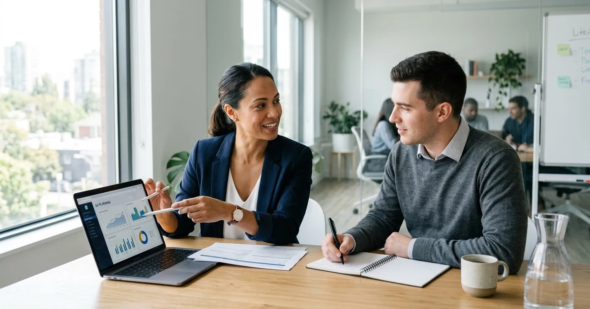 Two professionals in a modern office engaged in a discussion, with one person explaining a project while the other takes notes. The workspace is bright and organized, featuring a laptop, documents, and a collaborative business environment that represents professional communication, learning, and workplace teamwork.