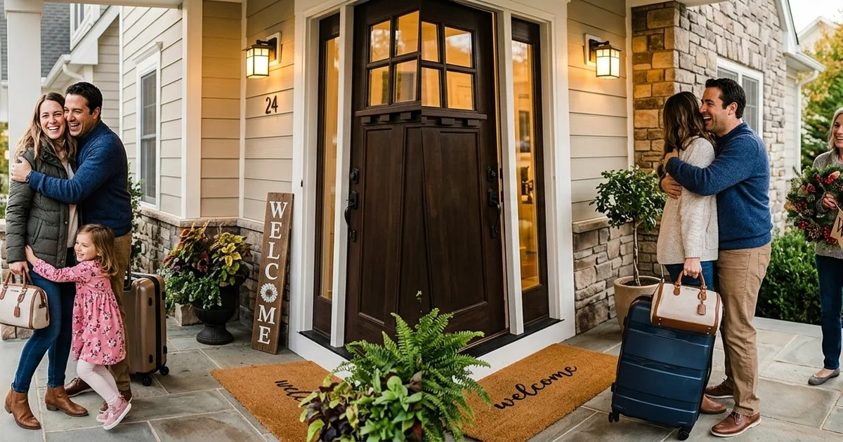 A family welcoming a person back home at the front door, showing warmth and reunion in a natural residential setting.