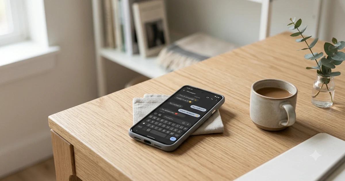Smartphone on a clean desk showing a blurred chat screen with casual compliment messages, representing digital texting and social communication in a modern minimalist setting.