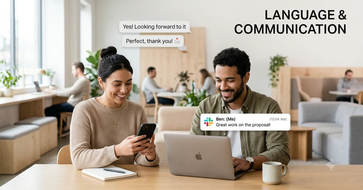 Two people communicating through text messages and workplace chat on digital devices, illustrating different ways to express agreement in casual and professional conversations. Clean modern design with a friendly, professional atmosphere and space for article title text.