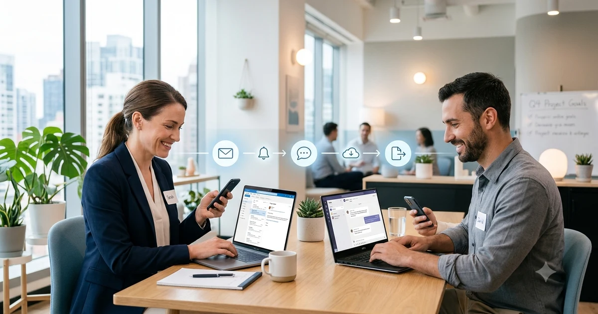 Professional discussing project updates on a laptop while exchanging messages, representing other ways to say I will keep you posted in business and everyday communication.