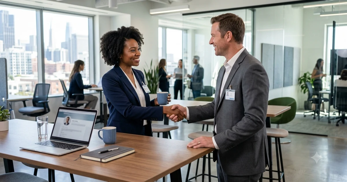 Two business professionals reconnect during a friendly meeting, representing professional alternatives to saying long time no see in workplace communication and networking.