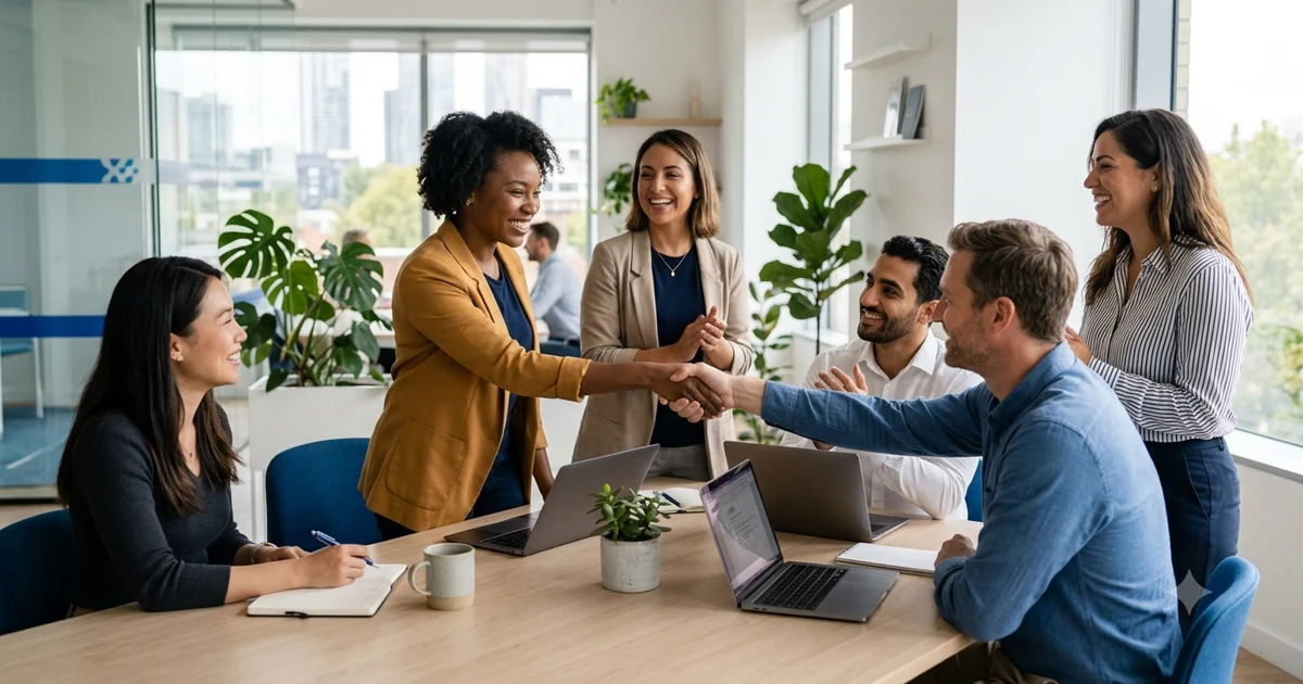 Professional team welcoming a new employee with examples of other ways to say I'm excited to join the team.