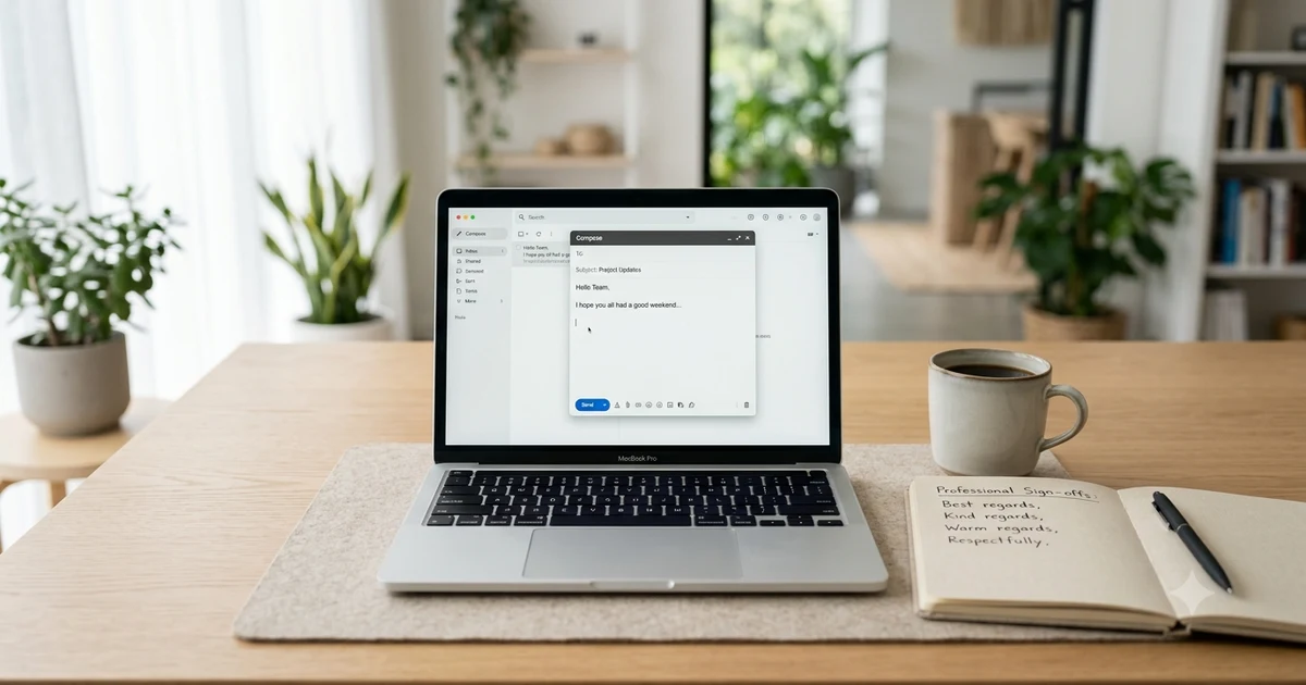 **Alt text:** Professional email draft displayed on a laptop beside a notepad listing email sign-off alternatives such as Best regards, Kind regards, Warm regards, and Respectfully on a clean office desk.