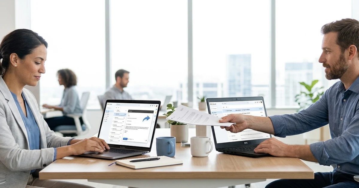 Professional office colleagues reviewing documents together after noticing a missed detail, representing professional alternatives to saying I forgot. The clean workspace features a laptop, printed reports, and a calm business setting with soft blue and gray tones, conveying accountability, teamwork, and effective workplace communication.