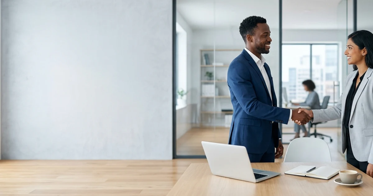 Two business professionals shaking hands during a first meeting in a modern office, representing professional alternatives to saying nice to meet you in workplace communication.