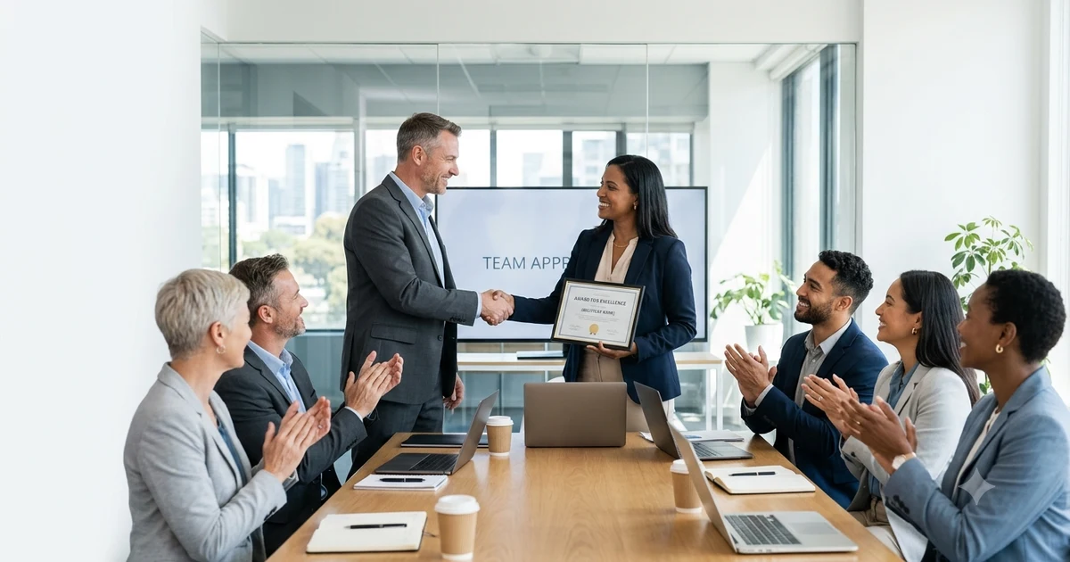 Professional employee accepting workplace recognition during a business meeting, representing other ways to say I am honored professionally in emails, speeches, and corporate communication.