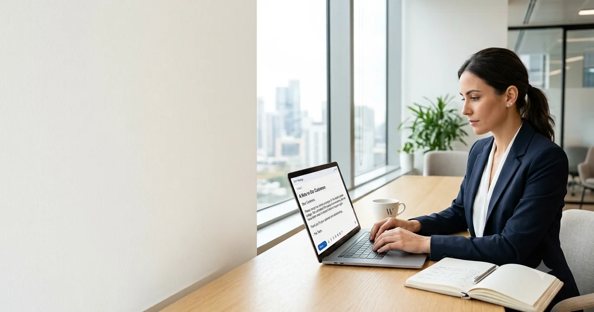 Professional writing an apology email on a laptop with a notebook and coffee cup, representing polite alternatives to saying please accept my apologies in business and personal communication.