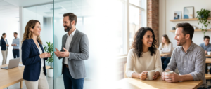 Two people having friendly conversations in professional and casual settings, illustrating different ways to say no worries in everyday and workplace communication.