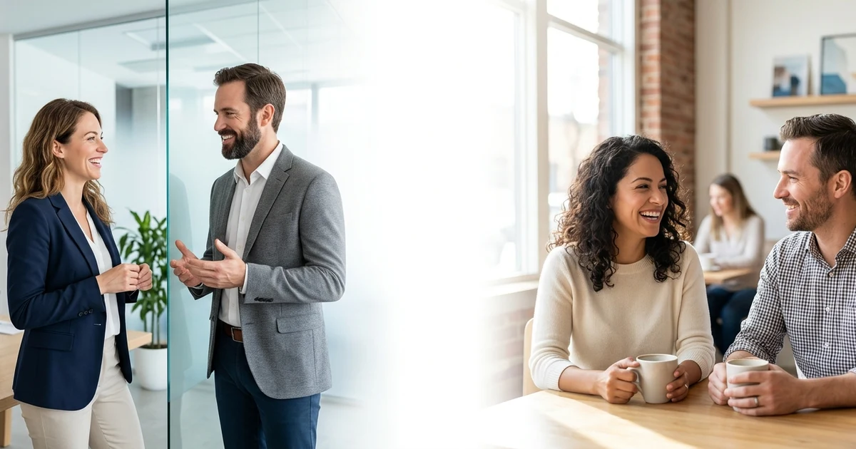Two people having friendly conversations in professional and casual settings, illustrating different ways to say no worries in everyday and workplace communication.