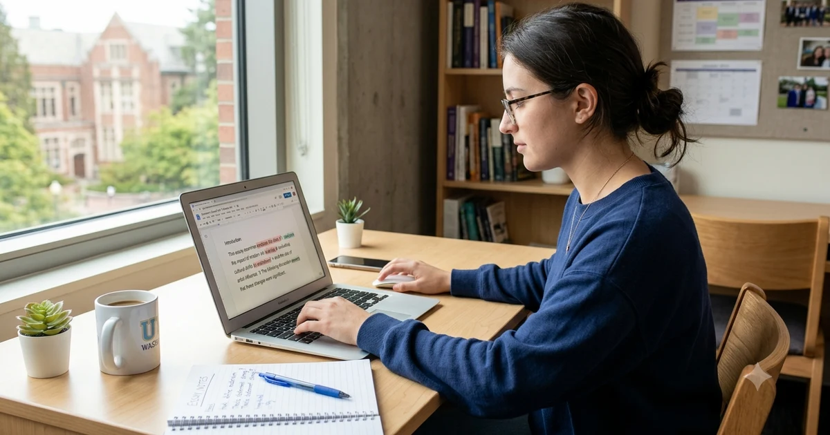 Student improving an academic essay on a laptop by replacing the phrase in this essay I will with stronger, more formal introduction alternatives in a clean study workspace.