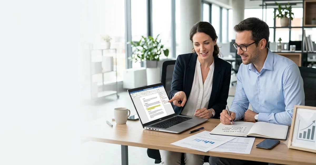 Two professionals reviewing a document and discussing constructive feedback in a modern office, with a laptop, checklist, and growth chart representing professional development and opportunities for improvement