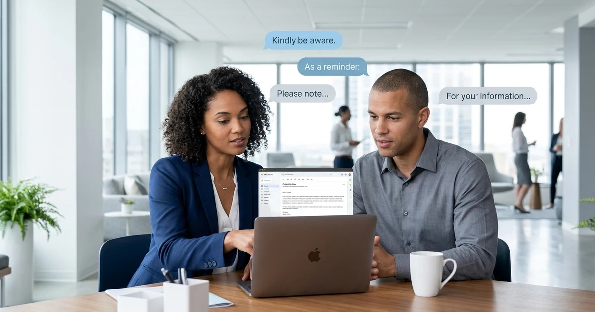 Professional communicating a workplace update on a laptop with examples of polite alternatives to just a heads up for business emails and professional messages.