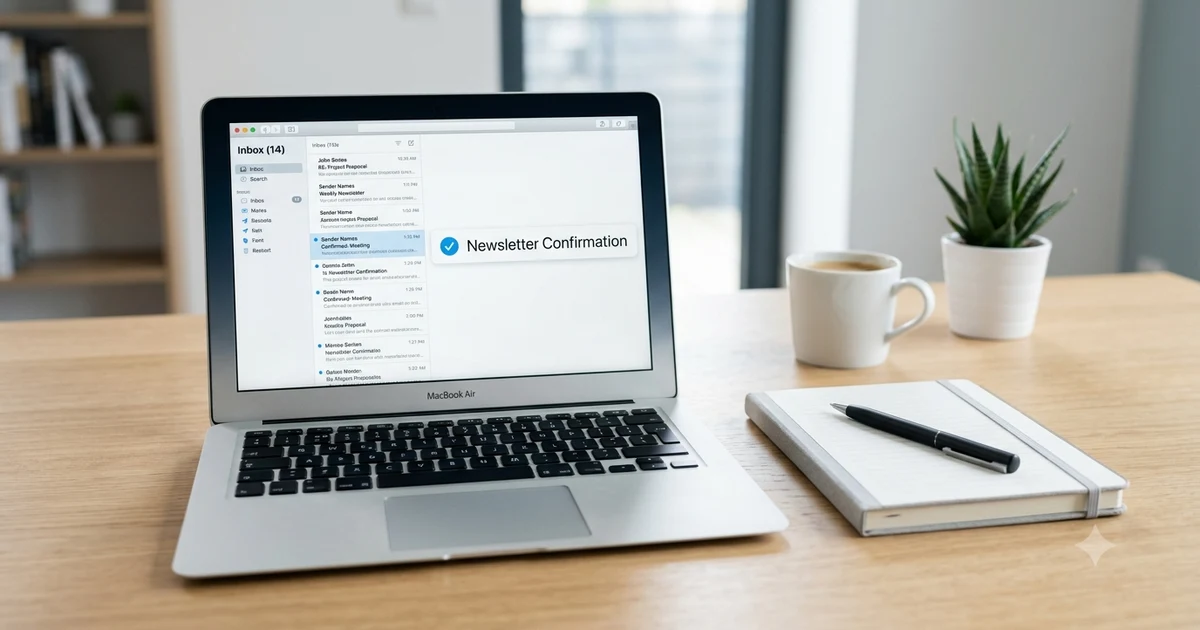 **Featured Image Alt Text:** Professional email inbox on a laptop showing an email confirmation message, representing other ways to say please confirm receipt of this email in business communication.