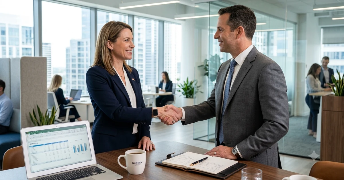 Professional business meeting with two colleagues shaking hands after a successful discussion, representing polite alternatives to saying it was a pleasure meeting you professionally.
