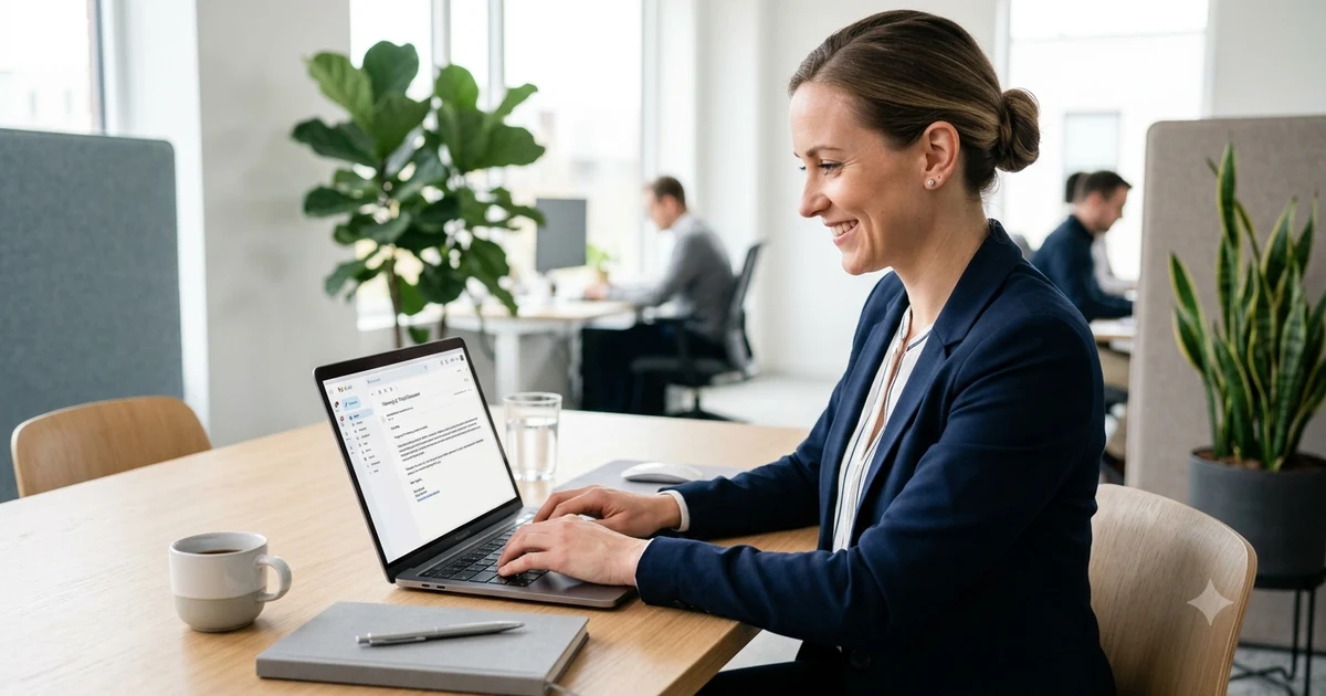 Professional writing a polite follow-up email using alternative business phrases on a laptop in a modern office.