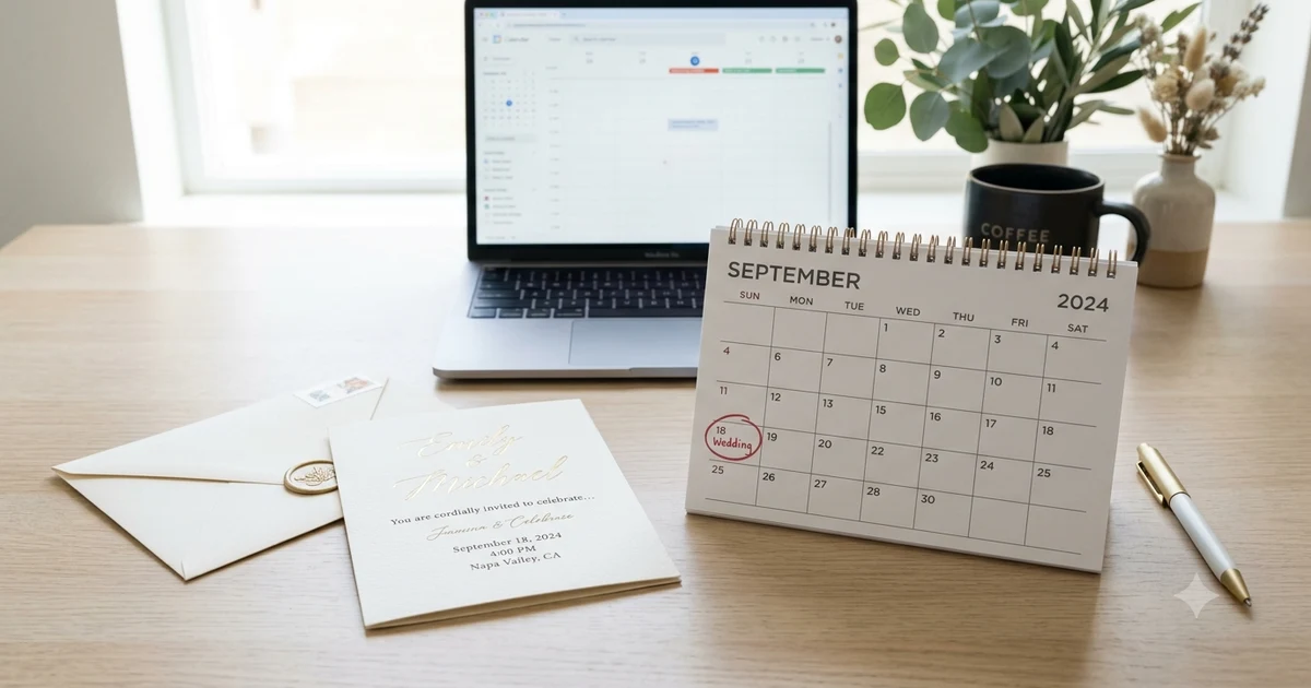 Elegant desk with a calendar, invitation card, and pen illustrating other ways to say save the date for weddings, business events, and special occasions.
