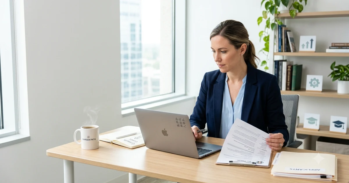 Professional reviewing a resume on a laptop with icons representing adaptability, learning, and career growth, illustrating other ways to say quick learner for resumes and job interviews.