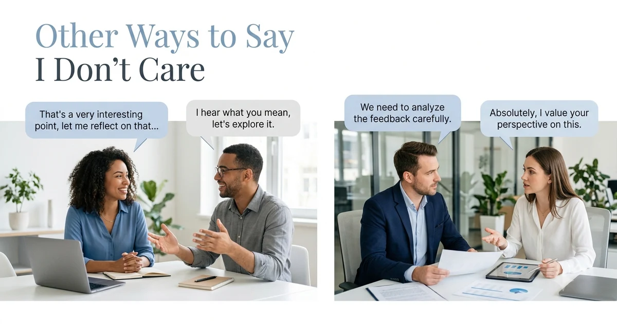 Professional and polite alternatives to saying I don't care shown through casual and workplace conversations.