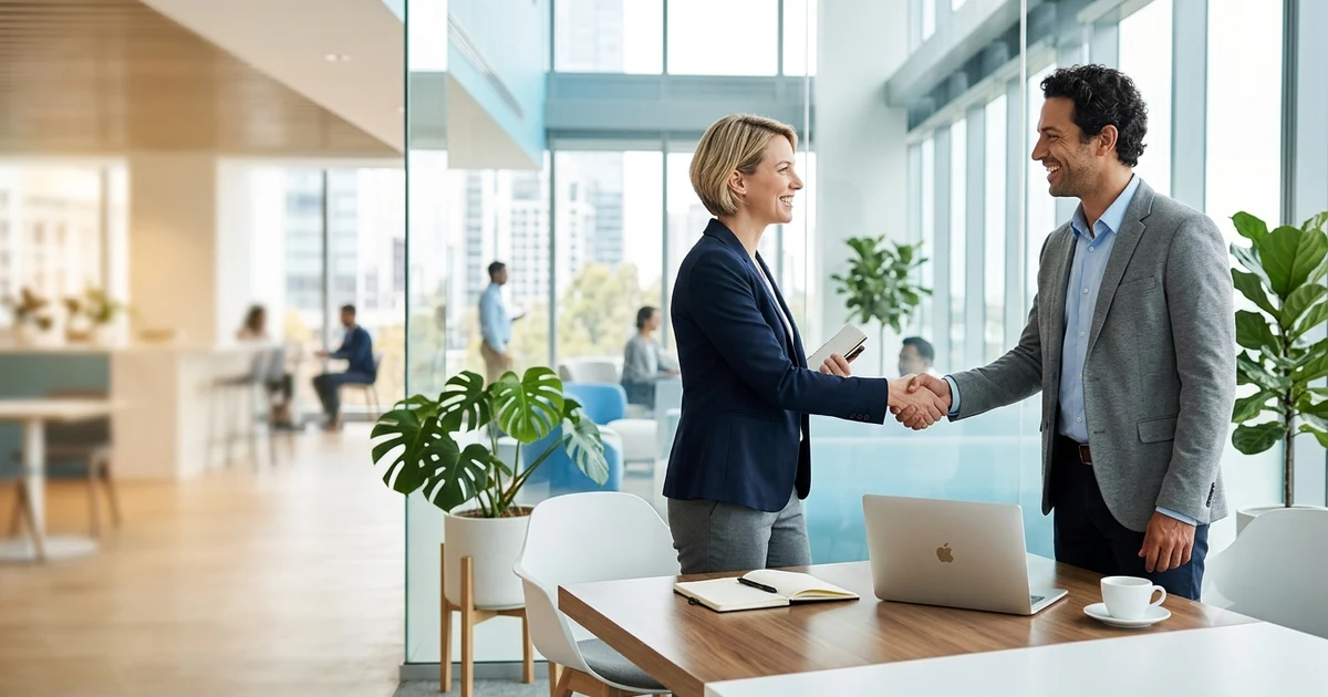Two professionals smiling and shaking hands before a meeting in a modern office, representing professional and friendly alternatives to saying I look forward to meeting you.