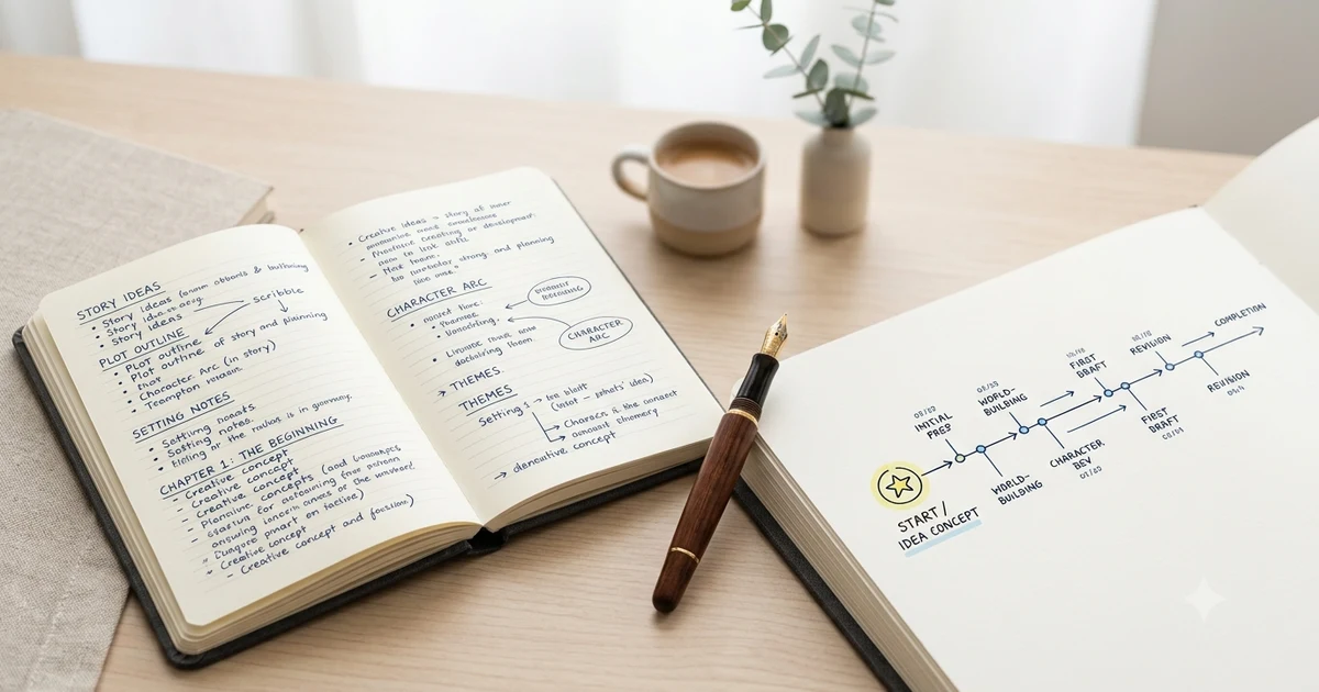 Notebook with writing ideas illustrating different ways to say it all started in storytelling and everyday English.