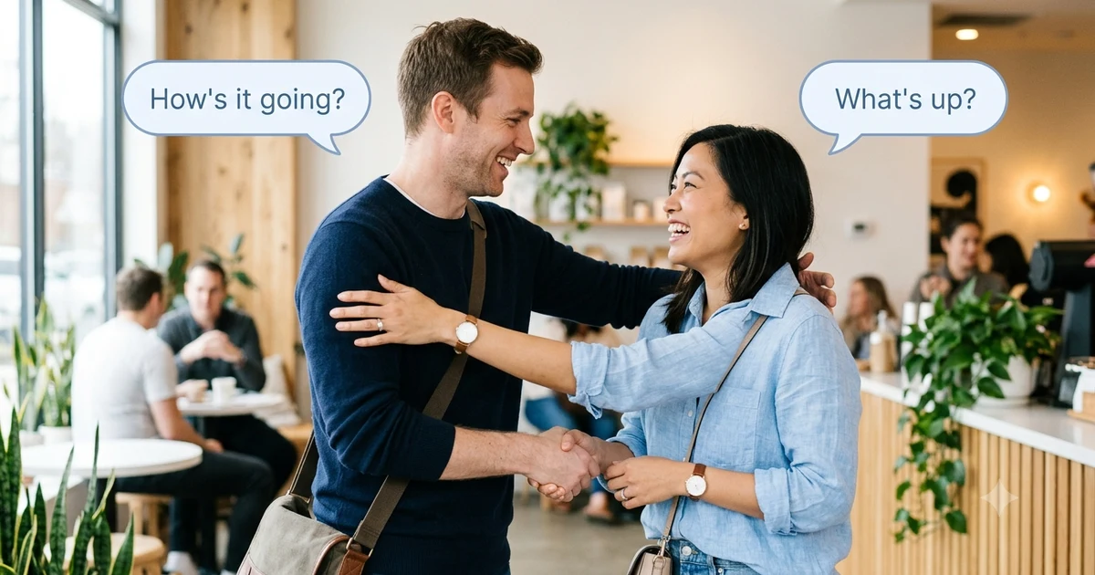 Illustration of people using different ways to say how are you in everyday English conversations.