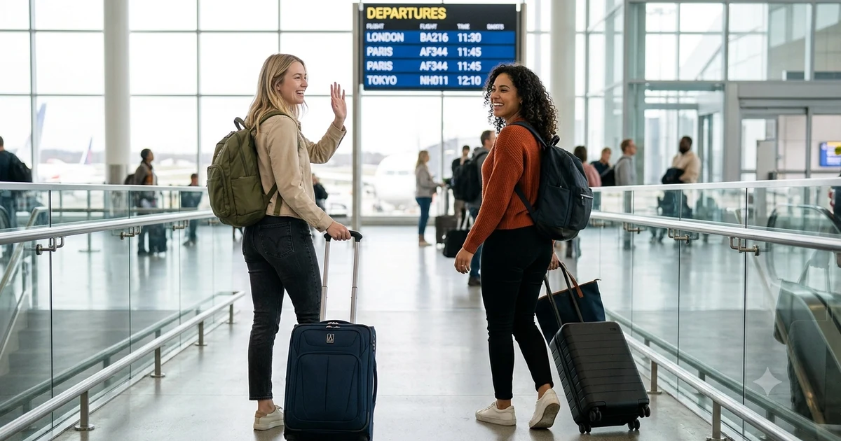 Two travelers saying goodbye at a modern airport terminal before departure, with carry-on luggage, a blurred flight information board in the background, and a warm, friendly atmosphere representing other ways to say safe travels.