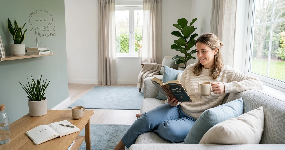 Person relaxing in a comfortable chair with a book and a cup of coffee in a bright, modern living room, representing other ways to say sit back and relax in casual and professional communication.