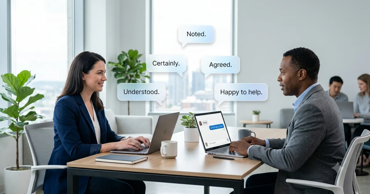 Professional alternatives to saying okay in workplace communication, featuring common responses such as Understood, Certainly, Noted, Agreed, and Happy to help for emails and business conversations.