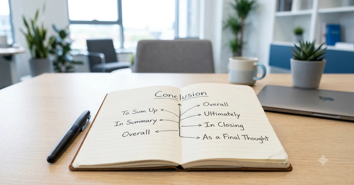 Professional writing desk with a screen showing concluding phrases such as To Sum Up, Overall, In Summary, and Ultimately.