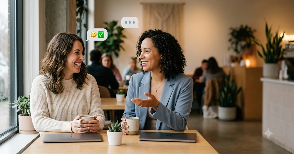 Two people having a friendly conversation showing different ways to ask how someone's day was.