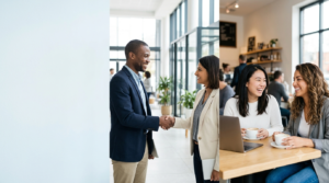 Two people smiling and greeting each other warmly, illustrating different ways to say nice to see you again in casual and professional conversations.