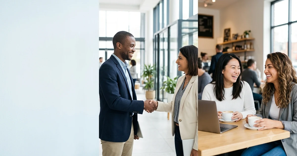 Two people smiling and greeting each other warmly, illustrating different ways to say nice to see you again in casual and professional conversations.