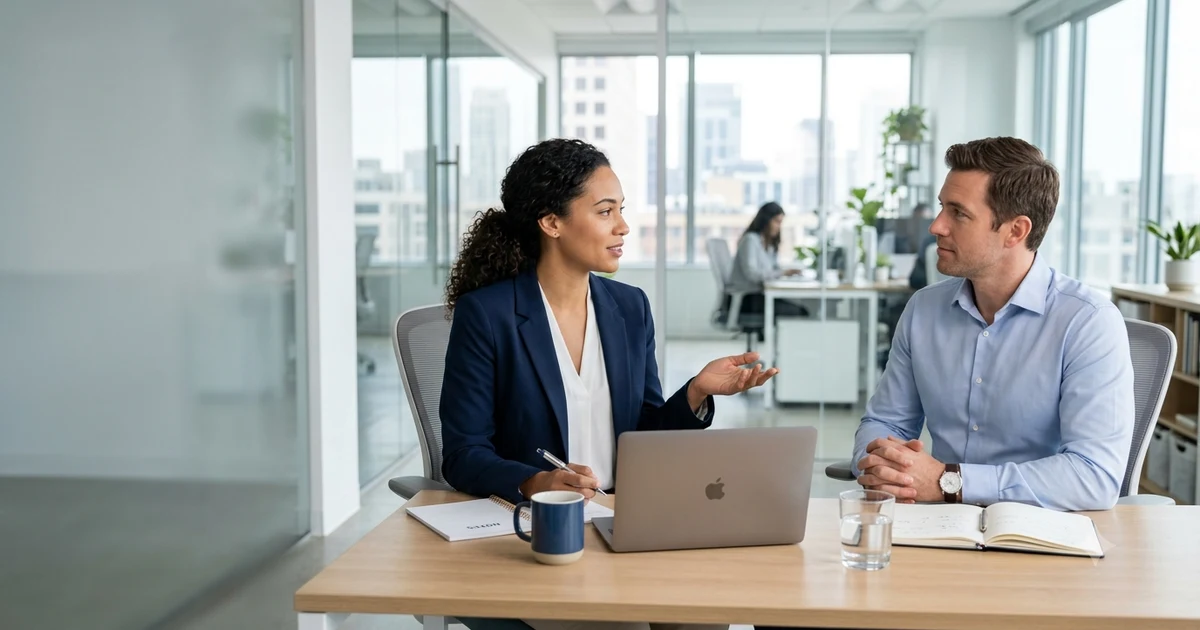 Professional colleagues discussing other ways to say not my problem professionally during a workplace conversation in a modern office.