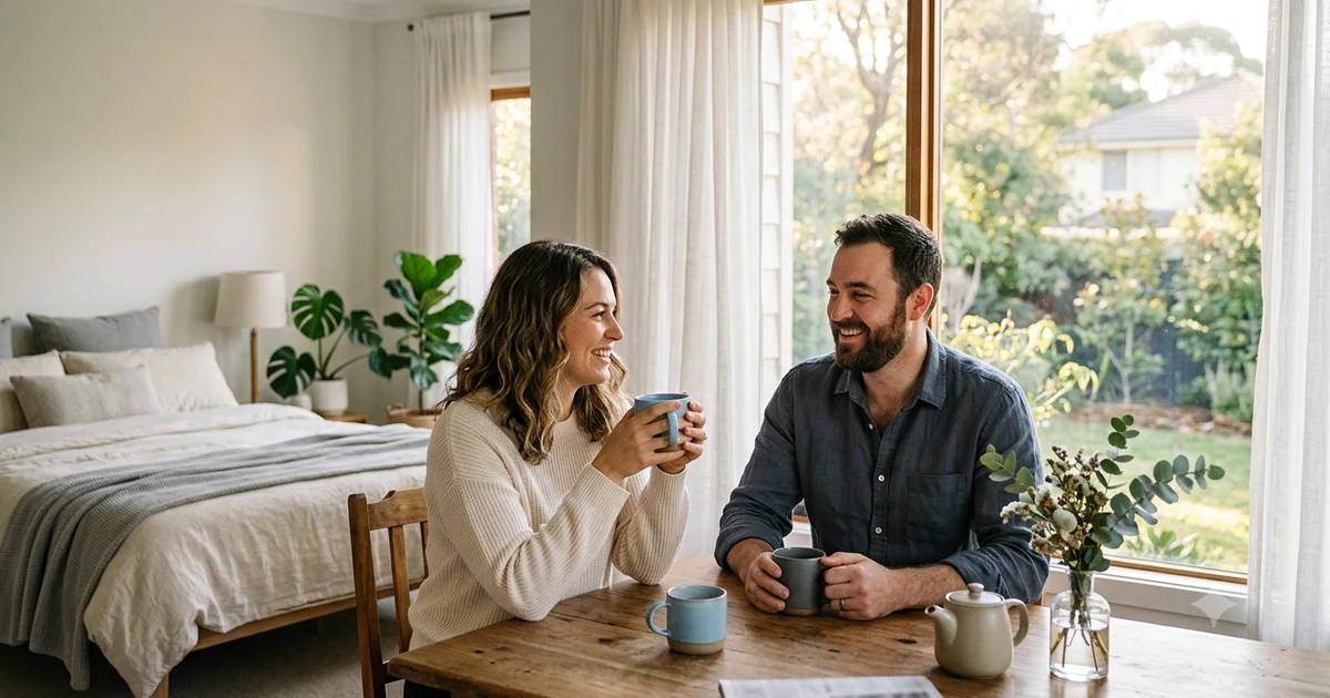 A clean, modern horizontal blog banner showing two people enjoying a relaxed morning conversation over coffee near a sunlit window. The atmosphere should feel warm, calm, and welcoming. Include subtle bedroom and morning elements without clutter. Use soft natural lighting, realistic photography style, and a USA and Tier 1 audience aesthetic. Avoid cartoon designs, excessive icons, fake AI hands, and large text overlays.