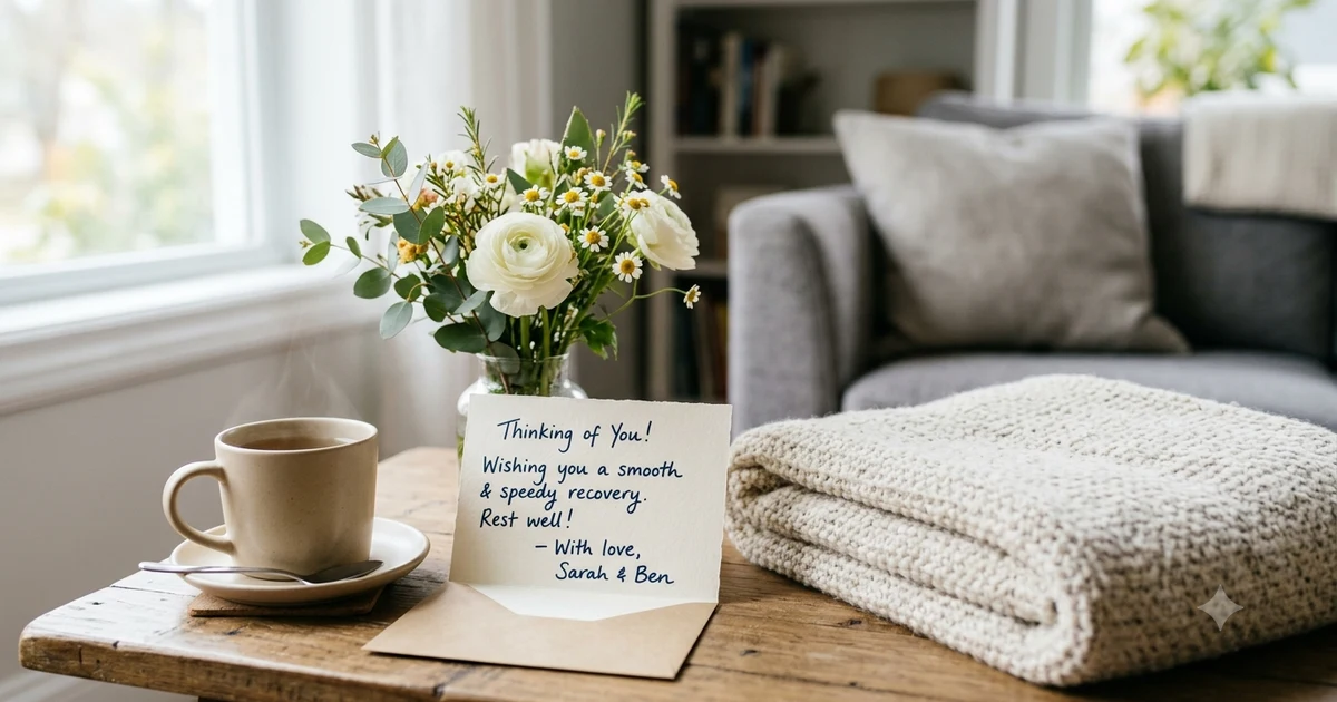 A get-well card beside a cup of tea, fresh flowers, and a cozy blanket, representing thoughtful ways to wish someone a speedy recovery