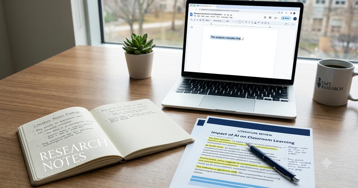 Academic writing workspace showing a research paper and notebook illustrating other ways to say in the text it states.