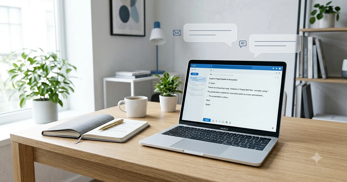 Professional workspace with a laptop displaying a business email, illustrating professional alternatives to saying please feel free in workplace communication.