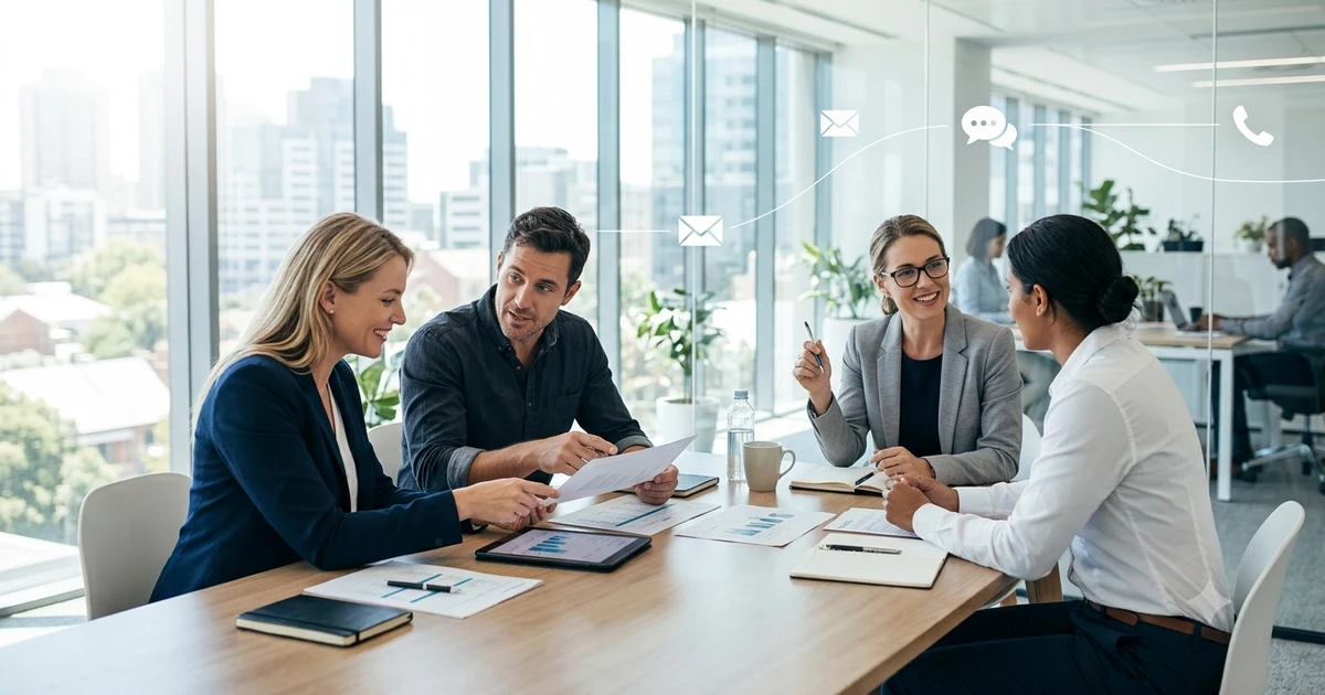 Professional office team discussing project communication with a designated contact person, illustrating alternative ways to say point of contact in business and workplace settings.