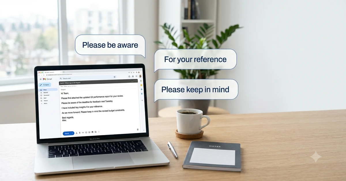 Professional workspace showing an email draft on a laptop with a notebook and pen beside it, illustrating professional alternatives to the phrase please note for business communication and workplace writing.