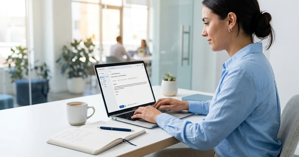 Professional writing an email on a laptop with a notebook and coffee, representing professional alternatives to saying please let me know in workplace communication.