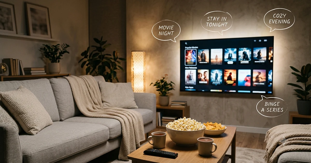 A cozy living room with a sofa, popcorn, and a TV illustrating other ways to say Netflix and chill for casual and romantic conversations.