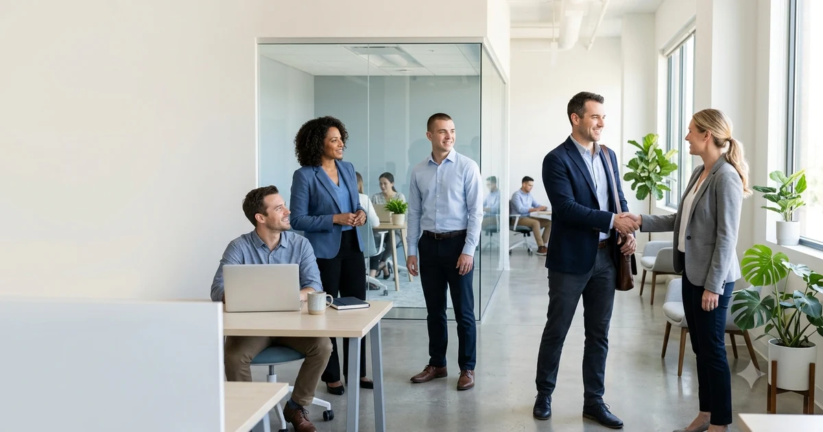 Professional office scene showing an employee leaving the company after a handshake while coworkers continue working, representing respectful workplace transitions and employee departures.